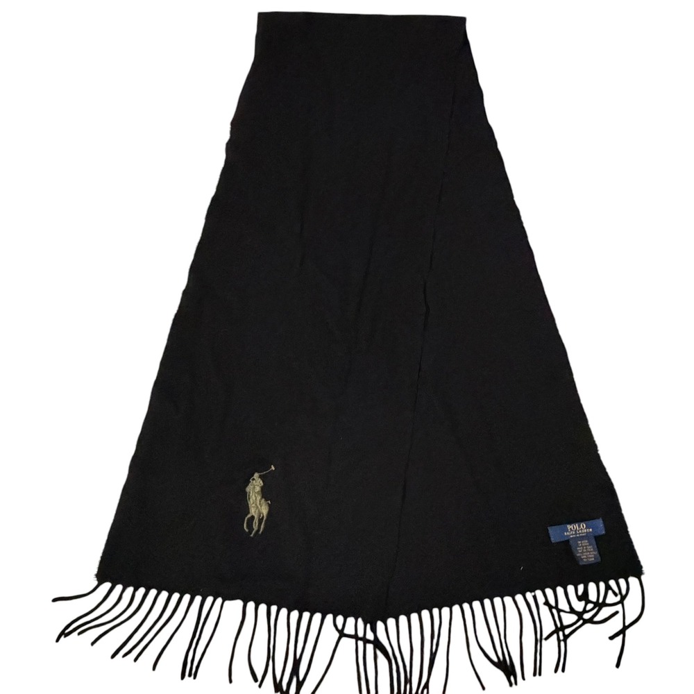 Polo Ralph Lauren Scarf Black 100% Virgin Wool Made in Italy Green Pony Logo